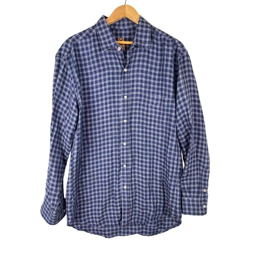 JM McLaughlin Men’s Linen Button Up Shirt Blue Gingham Check Size L Business